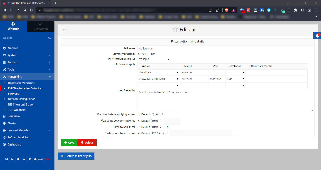 Using Fail2Ban and Cloudflare to Protect WordPress Site 3 Add a new fail2ban filter action jail in Virtualmin