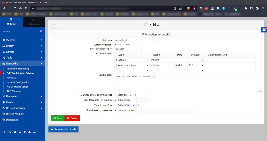 Add a new fail2ban filter action jail in Virtualmin