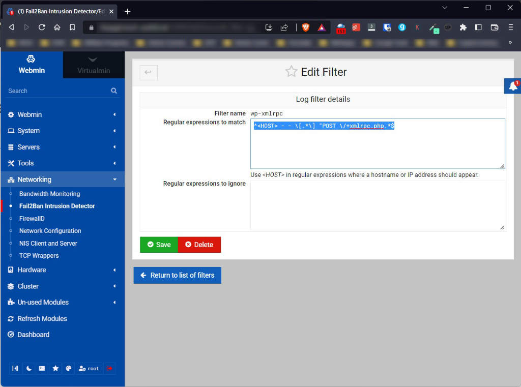 Adding an XMLRPC fail2ban log filter using Virtualmin